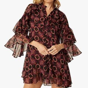Misa Los Angeles Black and Magenta Floral Geometric Ruffle Mini Dress